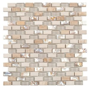 Mosaïque de MARBRE + VERRE + NACRE BEIGE BRIQUES 1.5x3 cm plaque de 29.5x30.5 cm