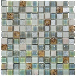 Mosaïque de verre GRIS 2.3x2.3 cm + MARBRE BLANC + COQUILLAGE 30 cmx30 cm