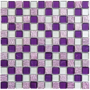 Mosaïque de verre 2.3X2.3 cm Blanc et Violet + Pierre Rose