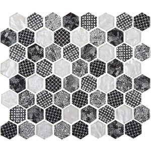 Mosaïque de Verre Hexagone Blanc et Noir